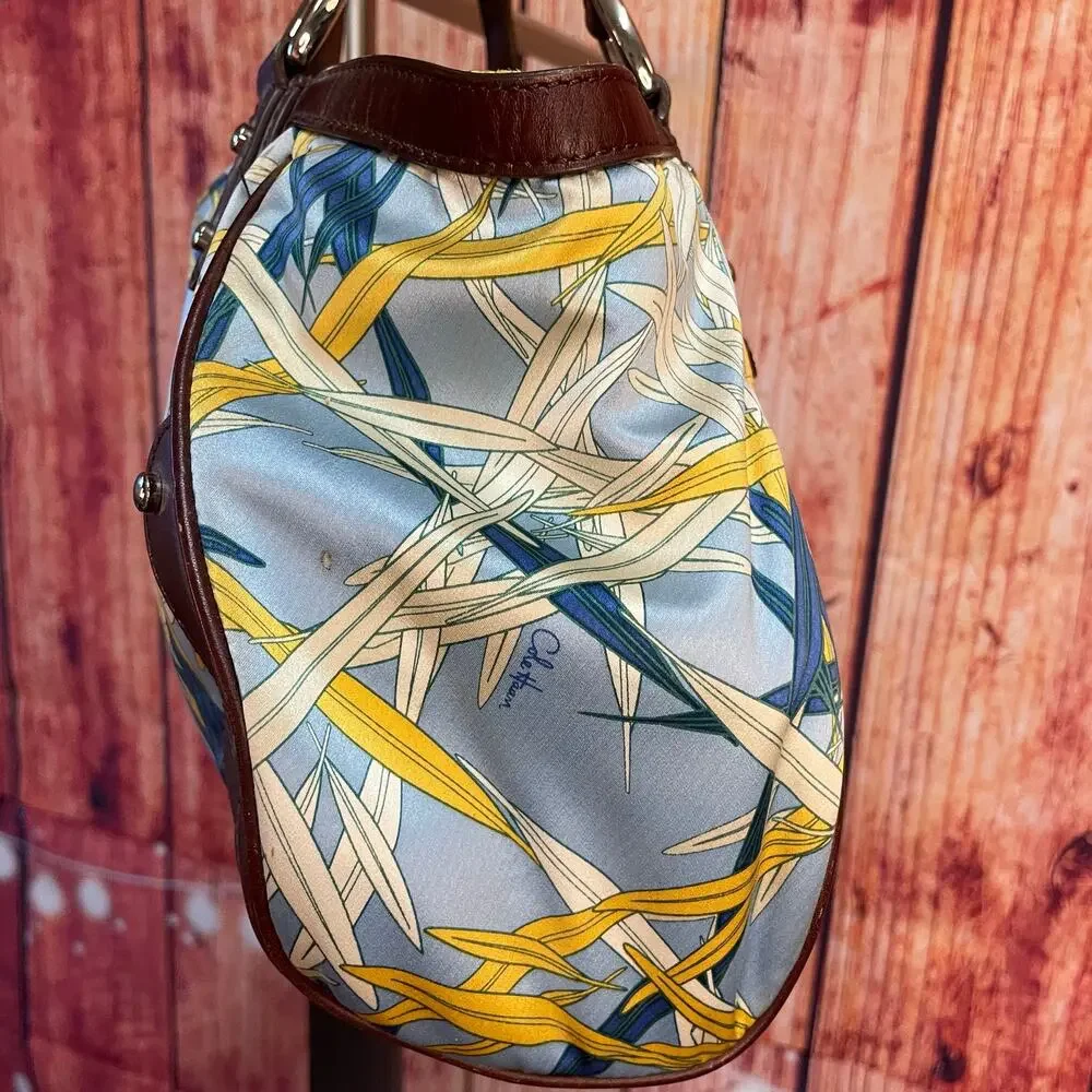 Cole Haan Scarf Print Satchel Sateen Blue Yellow Brown Leather Trim GUC